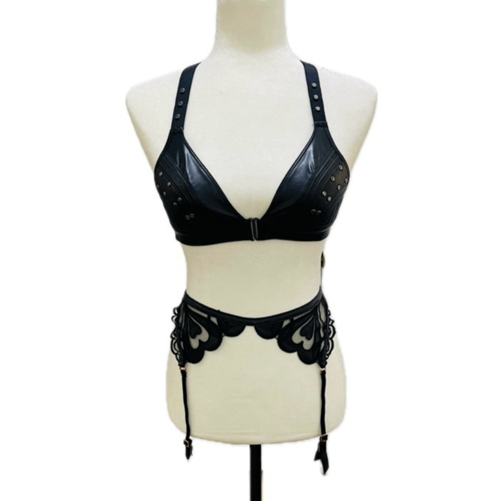 Honey Birdette Bundle Faux Leather Studded Black Bra, Garter Belt with Satin Bag - Picture 4 of 16